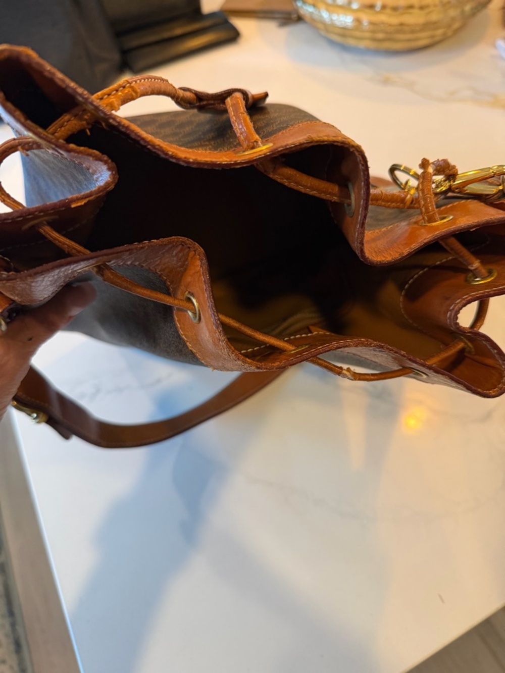 Celine Brown Monogram Leather-Trim Drawstring Bucket Bag - Picture 7 of 10